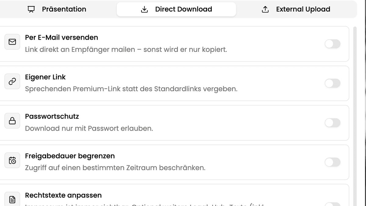 The Direct Download tab in the share dialog with the switches for email sending, custom link, password protection and share period