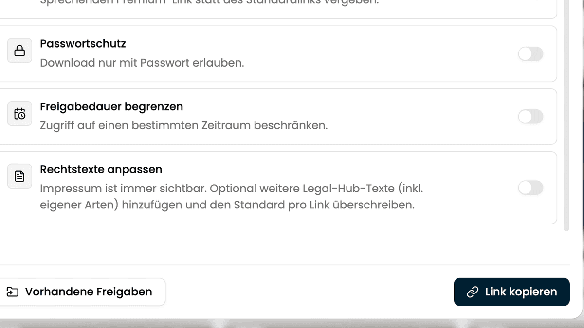 The lower part of the Direct Download dialog with legal texts and the "Copy link" button