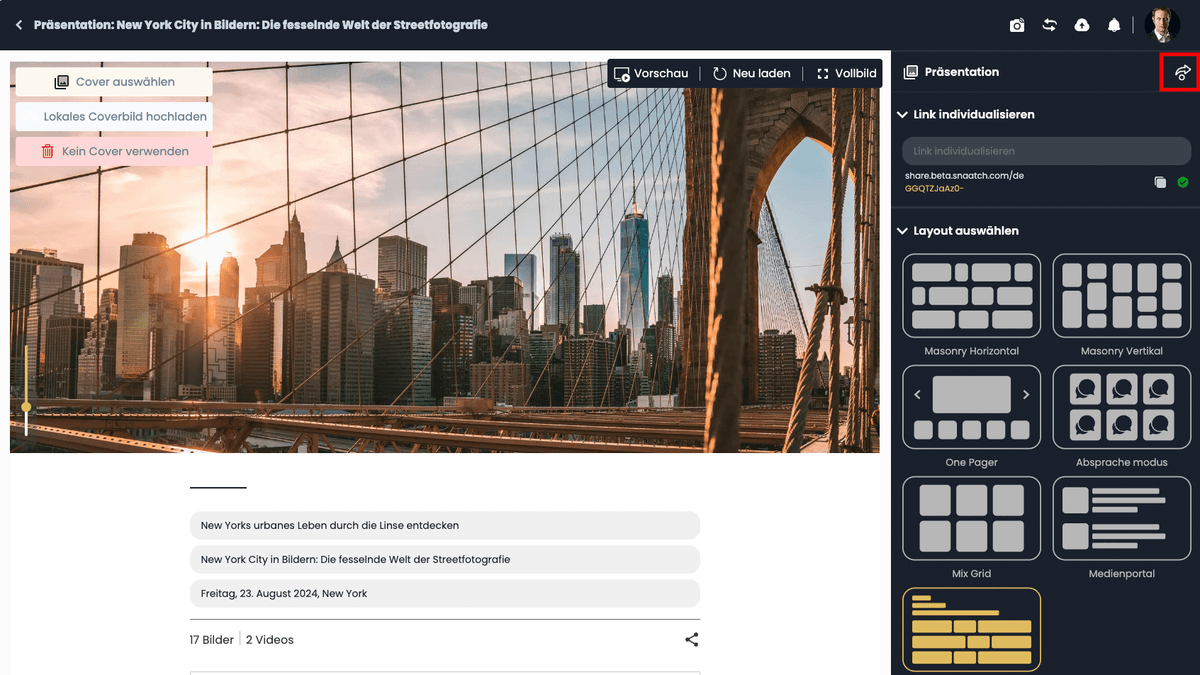 The Presentation Studio editor with a cover image of the Brooklyn Bridge, title fields and the layout picker on the right