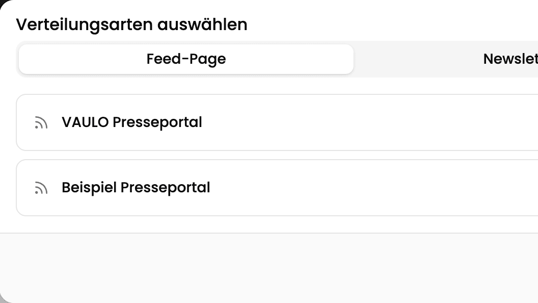 The "Choose distribution" dialog with the Feed Page, Newsletter and FTPpush tabs and two feed pages to pick from