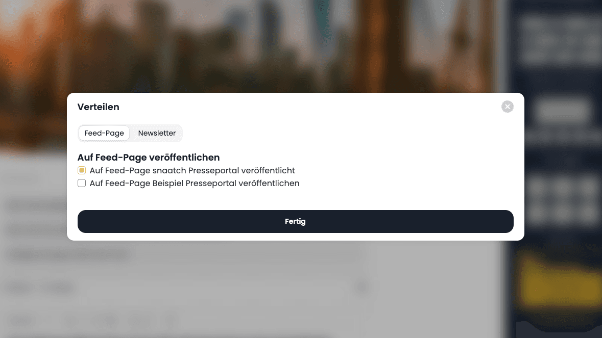 The "Distribute" dialog with the "Publish on Feed Page" choice and the "Done" button