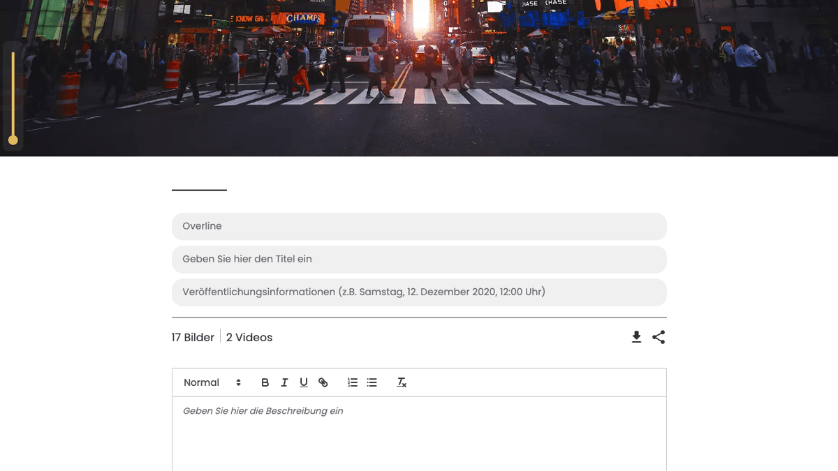 The Presentation Studio editor with a cover image and the fields for overline, title and description