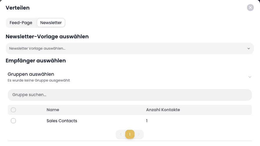 The distribute dialog with the Feed Page and Newsletter tabs and the newsletter template picker