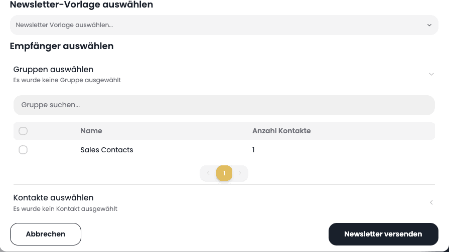 The recipient selection in the distribute dialog with one group and the "Send newsletter" button