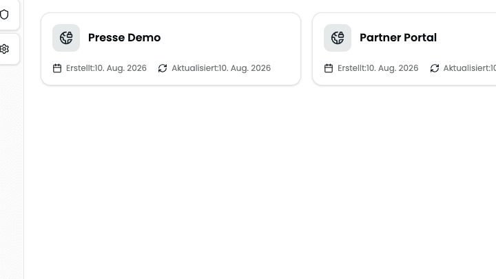 Two portal tiles in the overview, "Presse Demo" and "Partner Portal", with their creation date