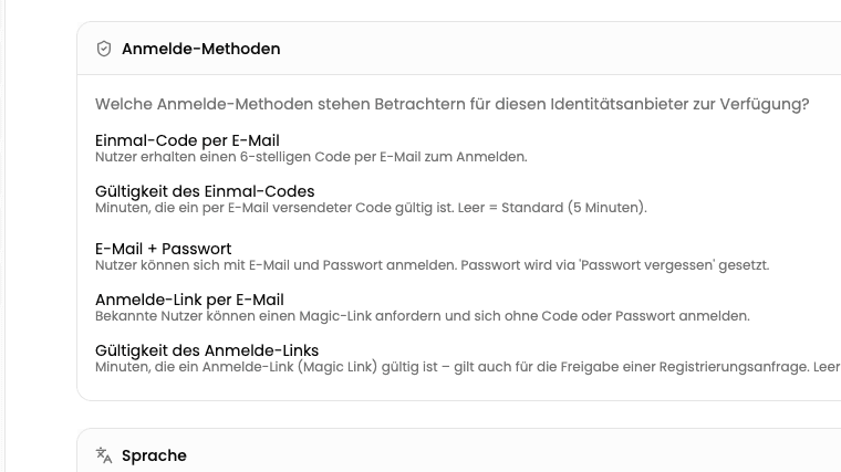 A portal's sign-in methods with switches for one-time code by email, email and password, and magic link