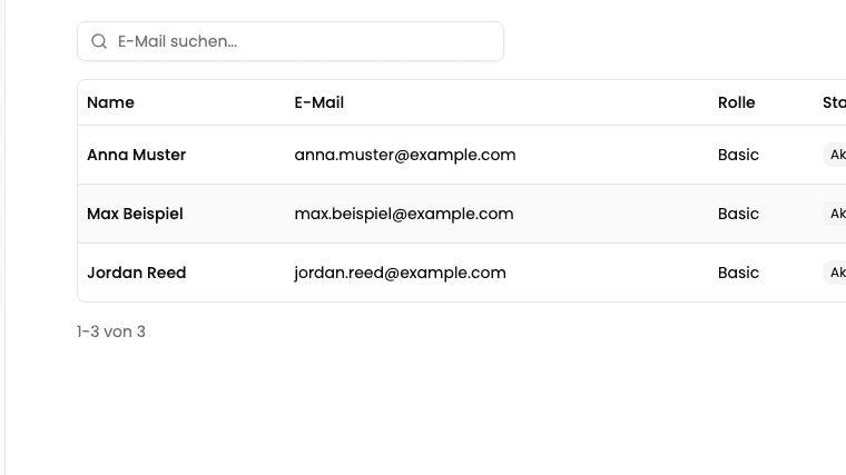 A portal's user list with name, email, role and status