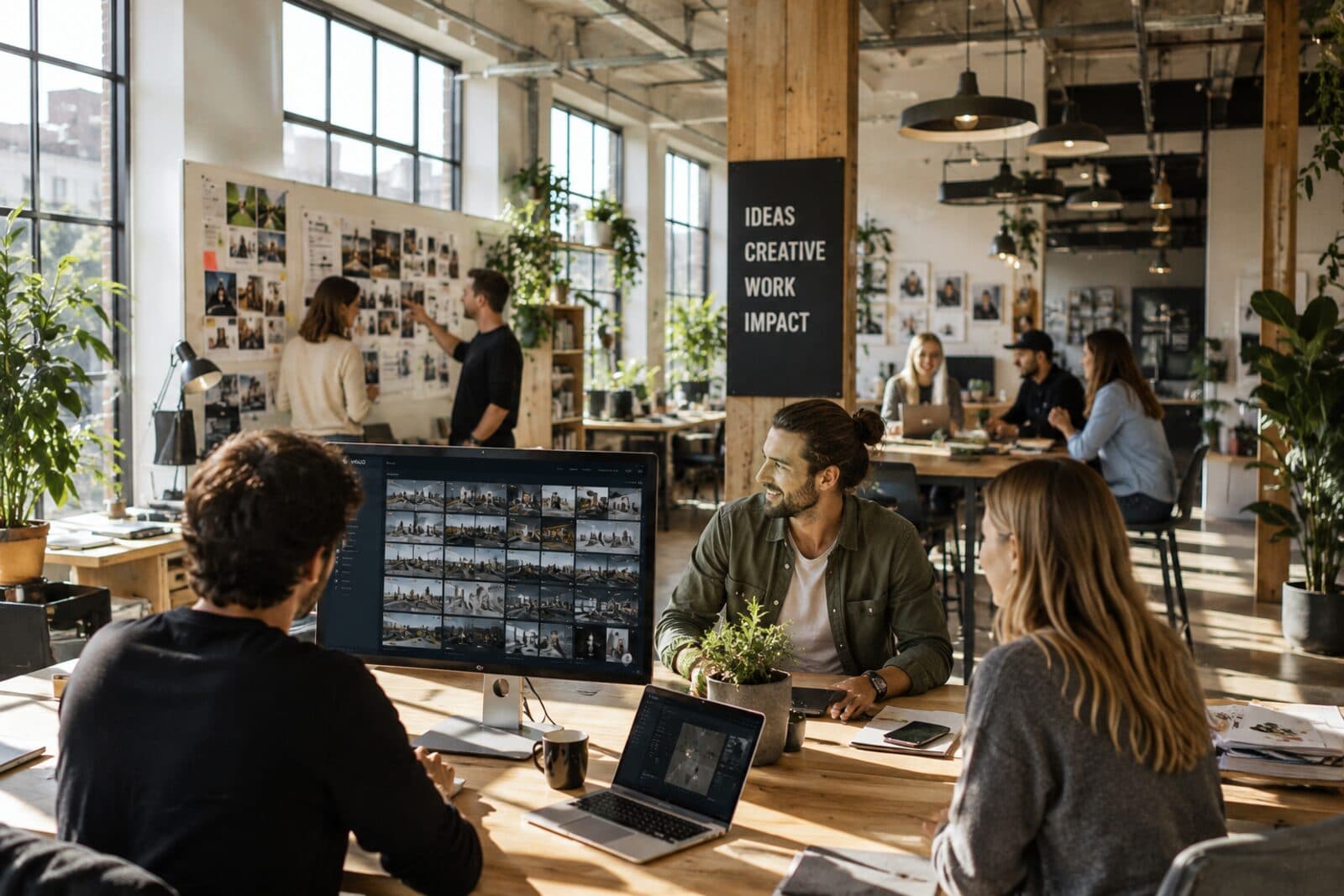 AI-generated mood image — an agency's creative team in a loft office selecting images on a large screen