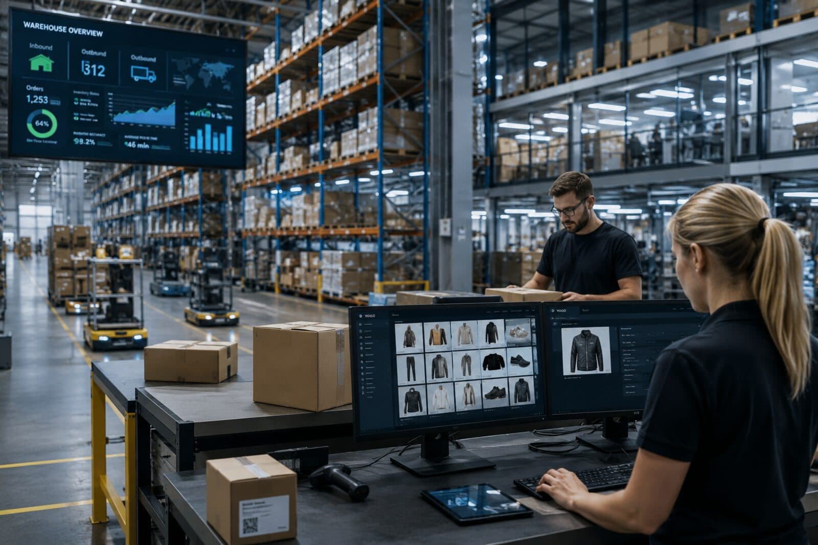 AI-generated mood image — warehouse with a picking station, product media management visible on the screens