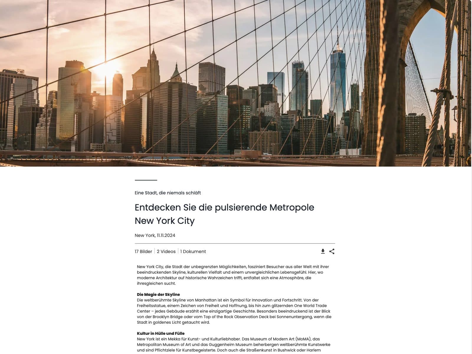 A post on a feed page: a cover image of the Brooklyn Bridge, below it the headline "Entdecken Sie die pulsierende Metropole New York City", a file overview and text
