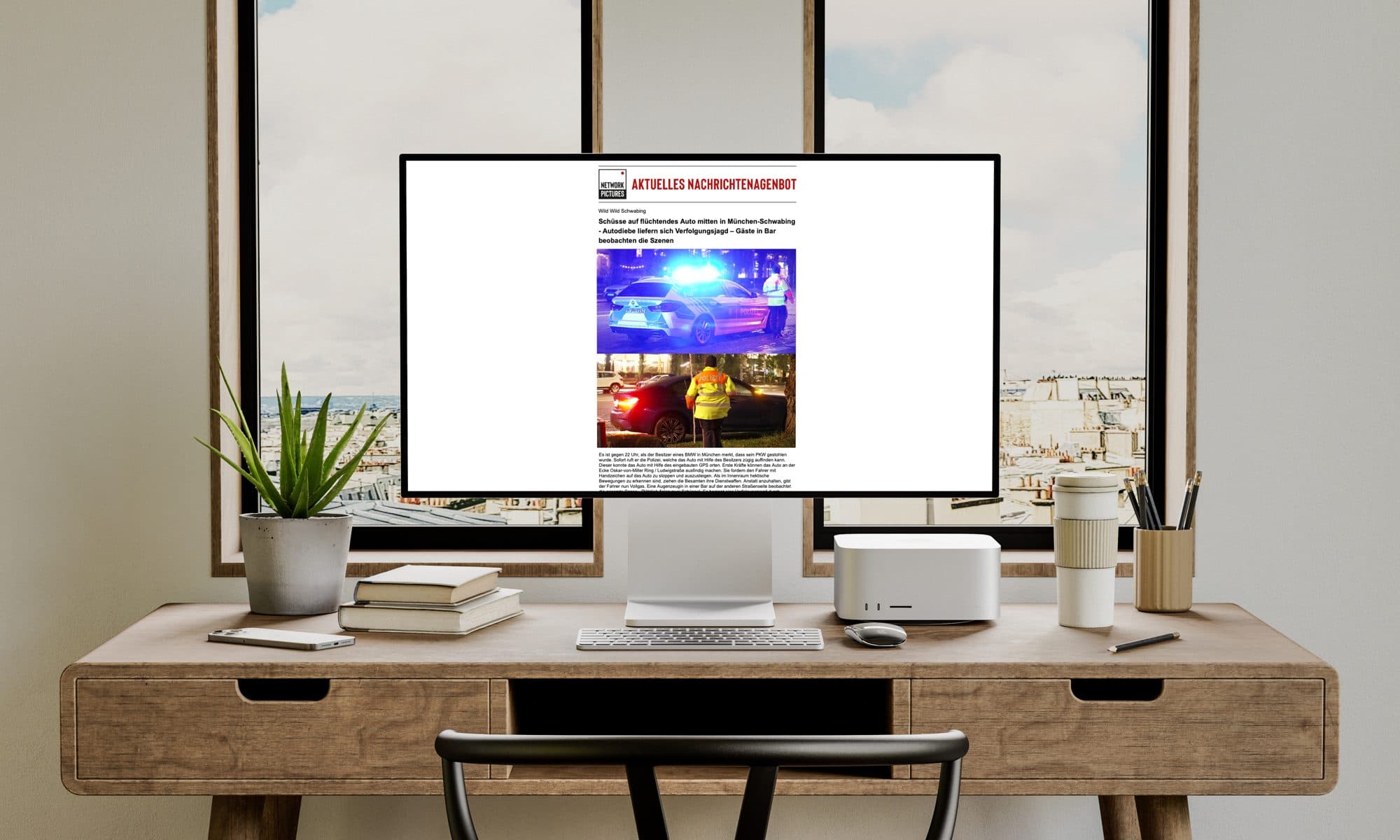 A Network Pictures newsletter on a desktop screen: agency logo, headline and two photos of a police operation in Munich-Schwabing