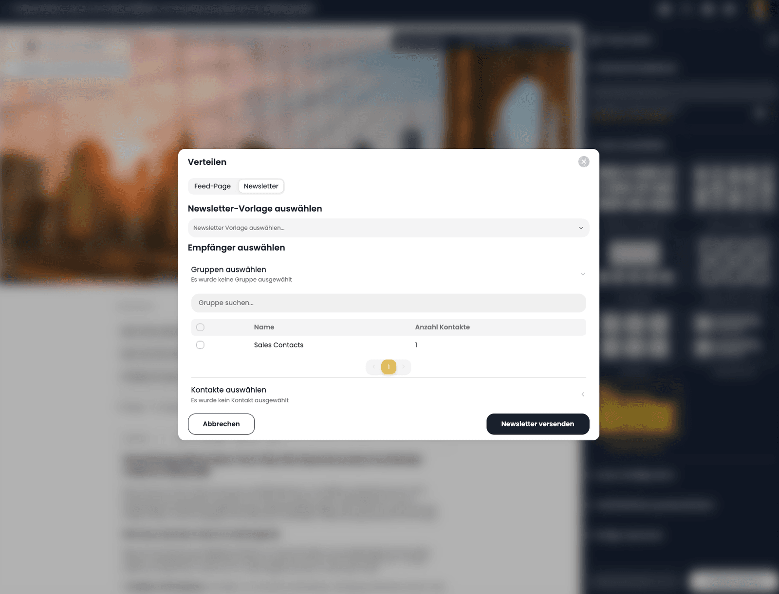 The "Distribute" dialog in VAULO on the Newsletter tab: the newsletter template picker, below it the recipient selection by groups and contacts, and the "Send newsletter" button