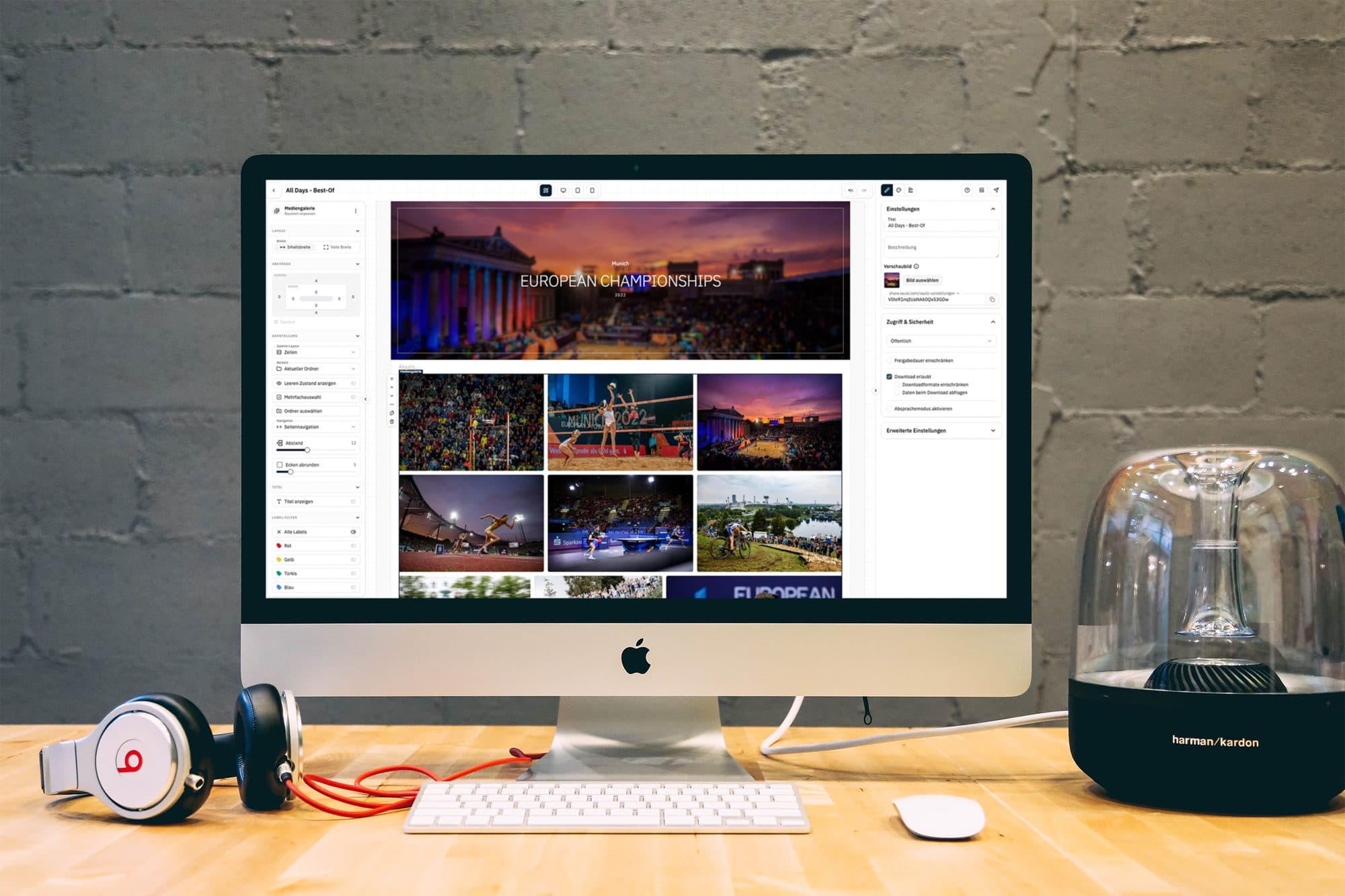 Presentation Studio on a desktop screen — editor with a media gallery of the European Championships Munich, layout settings on the left, access and sharing on the right