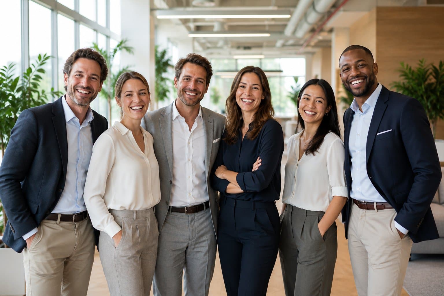 Six colleagues standing and smiling in a bright office — a golden recognition frame with a name around every face