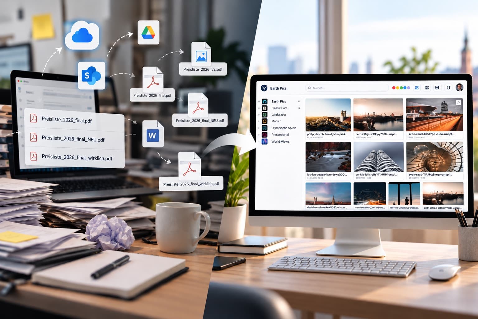 On the left, a cluttered desk with files such as Preisliste_2026_final.pdf, Preisliste_2026_final_NEU.pdf and Preisliste_2026_final_wirklich.pdf; on the right, a tidy workspace with an organised media library in VAULO