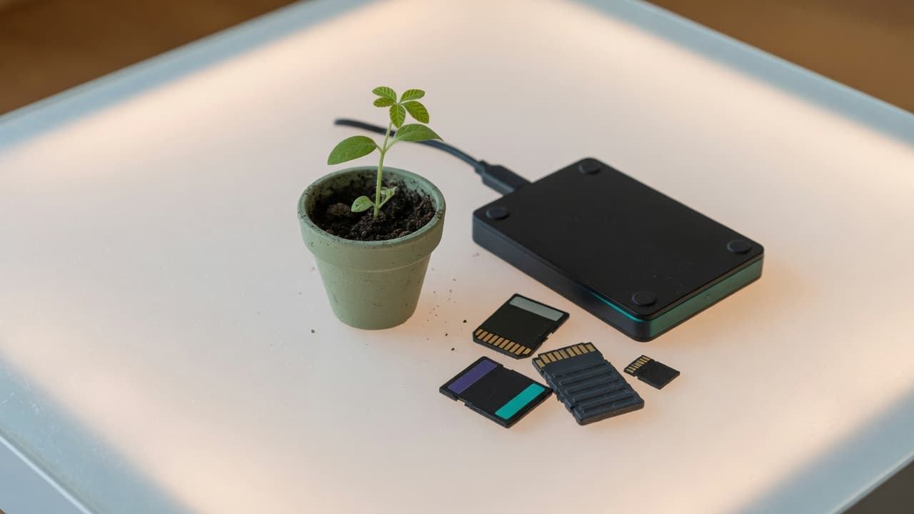 A small seedling next to memory cards and a hard drive on a light table