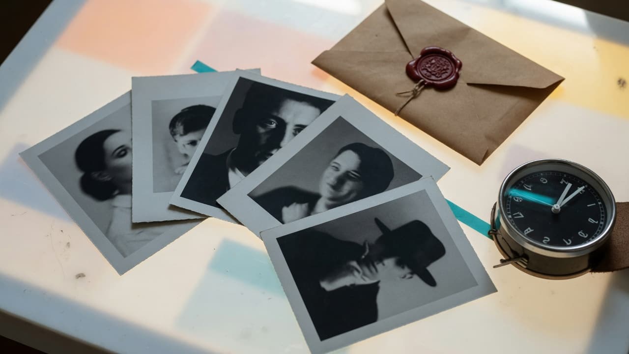 Portrait prints, a sealed envelope and a clock on a light table