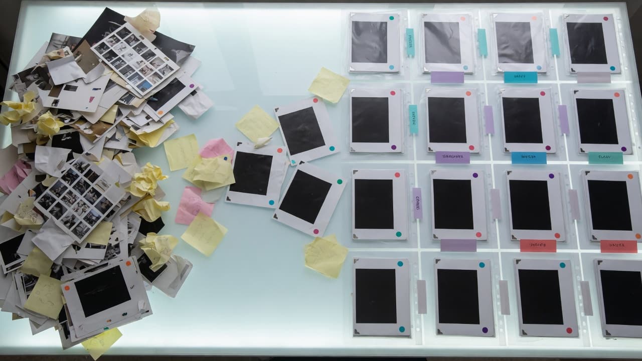 AI-generated still life on a light table: on the left a loose pile of photo prints and notes, on the right the same prints neatly sorted into an archive grid with tabs and colored markers