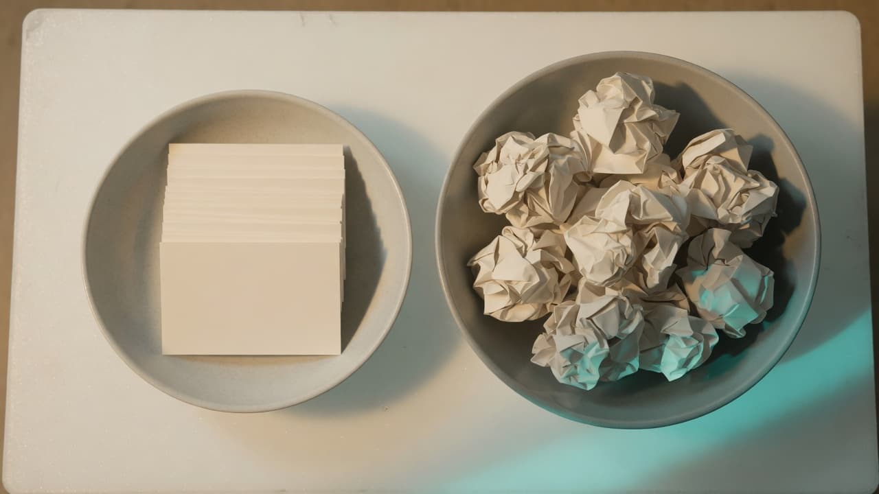 Two trays on a light table — eight neat index cards on the left, an overflowing stack on the right