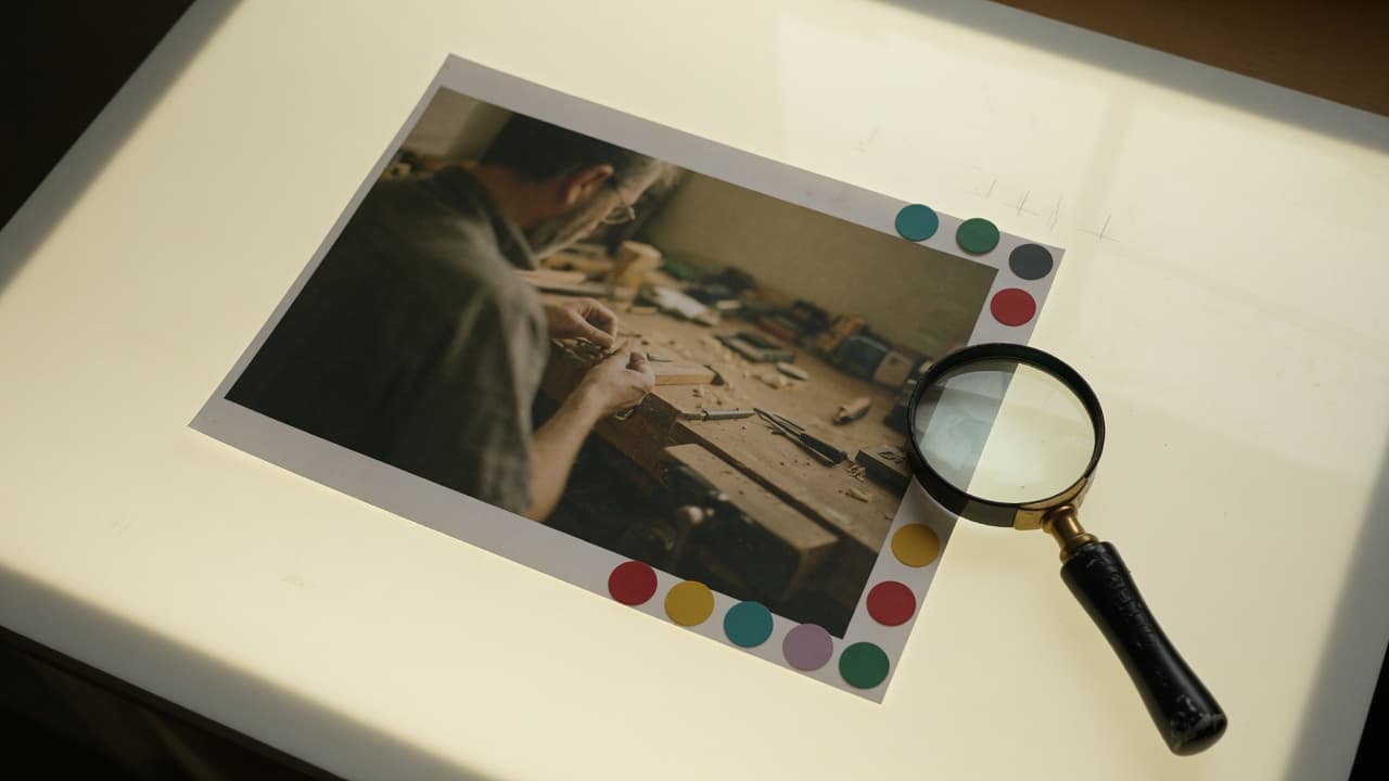 A workshop photograph on a light table, marked with colored dots and a magnifying glass