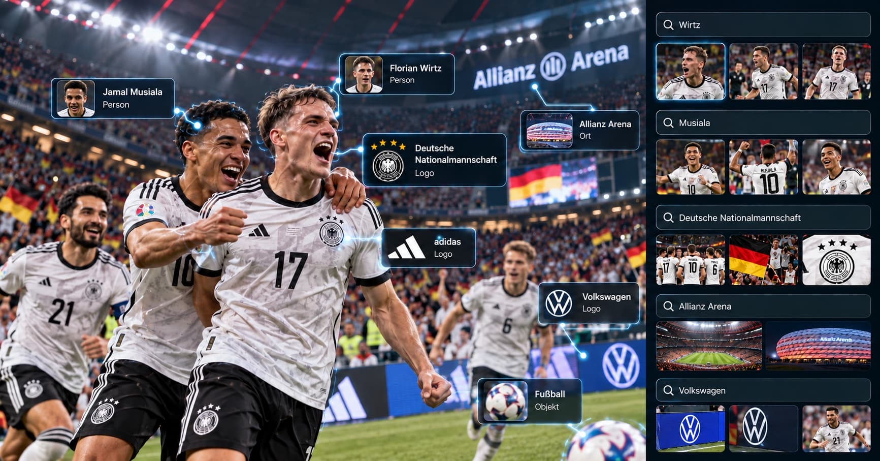 National team players celebrating in a stadium, with people, logos and the venue automatically recognised and labelled, next to search results per term