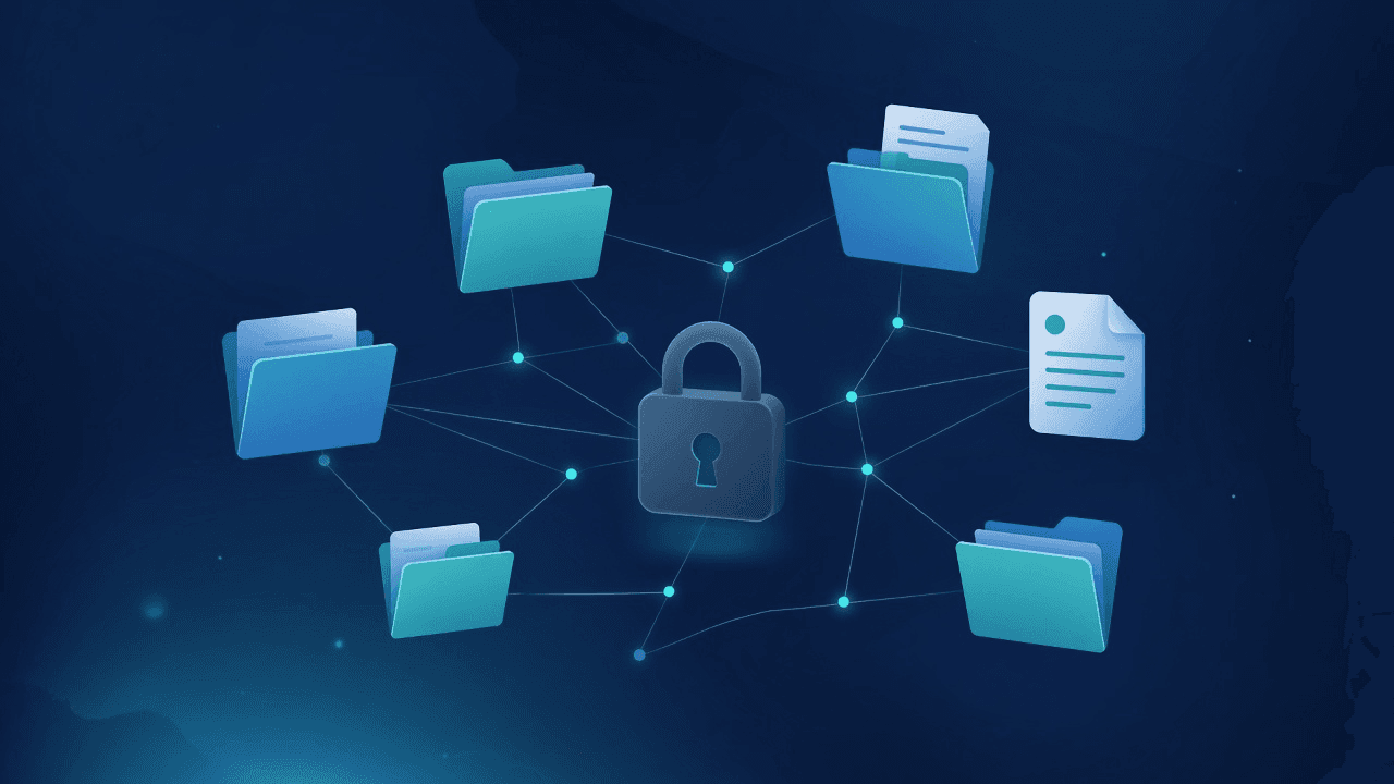 Abstract illustration of secure file sharing: folders and documents connected by lines around a padlock, in dark blue and turquoise